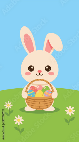 Cute bunny with basket of colorful Easter eggs in meadow vector