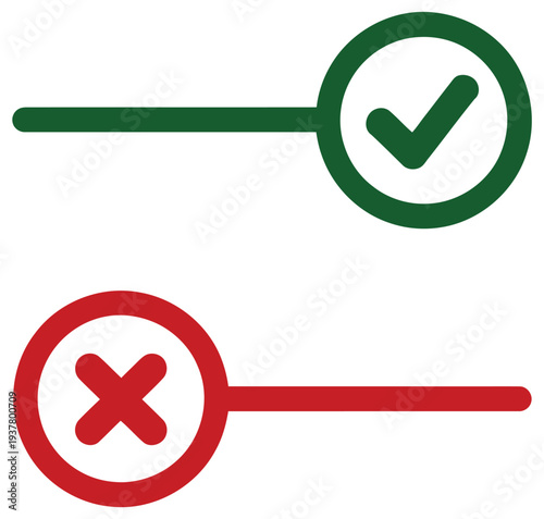 Toggle, button switch icon set featuring off and on sliders, tick hook and cross signs, user interface control symbols, modern flat vector illustration for apps, websites, and digital design