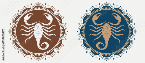 Scorpion label belt buckle design in old west cowboy style featuring stylized scorpion silhouette, western rodeo emblem badge vector illustration perfect for vintage branding projects.