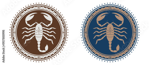 Scorpion label belt buckle design in old west cowboy style featuring stylized scorpion silhouette, western rodeo emblem badge vector illustration perfect for vintage branding projects.