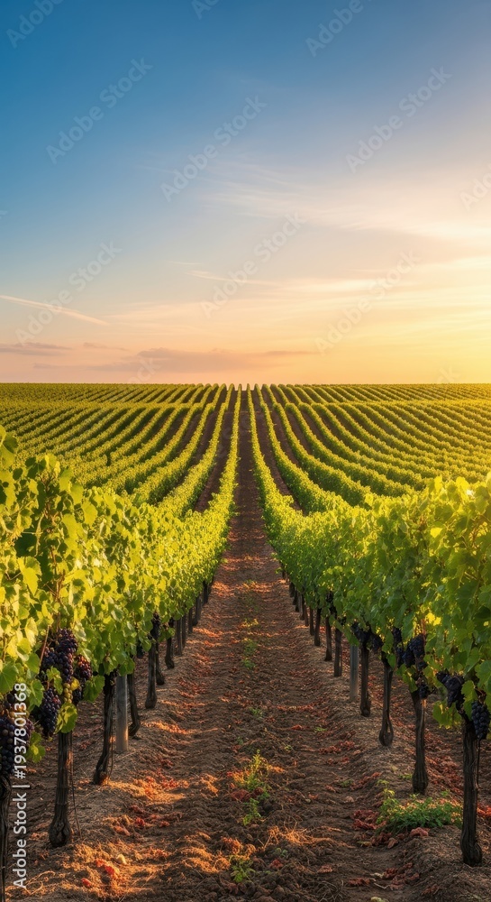 Fototapeta premium Wide panoramic view of lush agricultural land dedicated to grape cultivation. Rows of vines stretch toward a distant horizon under clear, warm skies, vines, sprawling, estate
