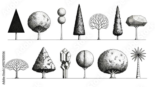 Minimalist geometric tree icons in various shapes for modern landscape design and digital art assets