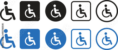 Wheelchair accessible black, blue flat icons set. Disabled person vectors in simple and recognizable designs for accessibility isolated on transparent background. Handicapped access signs or symbols.