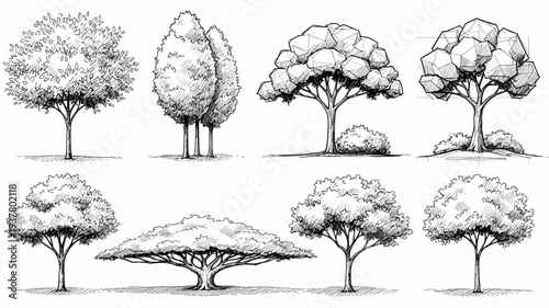 Architectural elevation sketches of various trees for landscape visualization and site design work
