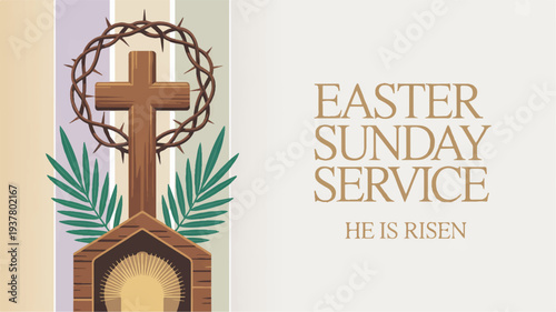 Easter sunday service announcement with cross crown of thorns and palm leaves on a beige background