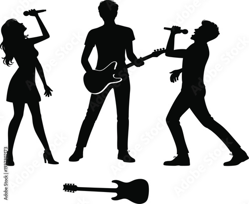 Silhouettes of music band group with vocalists and guitarists performing on stage for concert vector illustration