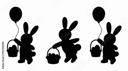 Three easter bunnies in black silhouette holding baskets and balloons on white background