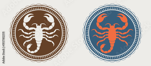 Scorpion label belt buckle old west cowboy style tag design featuring vintage western symbol and stylized silhouette vector artwork perfect for rodeo branding posters logos apparel.