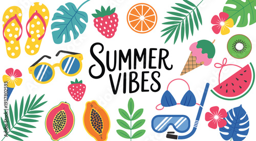 Cheerful Summer Vibe Vector Set with Tropical Fruits and Beach Accessories, Bright Vacation Elements Featuring Pineapple, Watermelon, Coconut, Sunglasses and Seashells, Colorful Flat Illustration for 