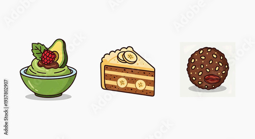 Healthy avocado dip and slice of banana cake with a chocolate energy ball on a white background