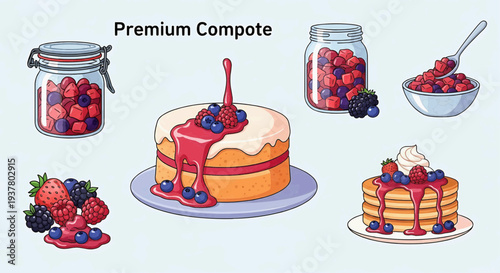 Vibrant collection of illustrations showcasing fresh berries, sweet compote, and delicious berry-topped desserts like cakes and pancakes, perfect for culinary projects
