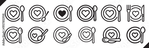 Healthy food plate with heart icon set outline vector nutrition diet healthy eating line icons collection