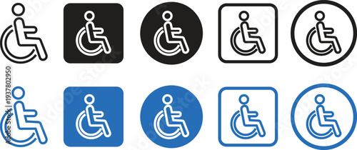 Wheelchair accessible black, blue outline icon set. Disabled person vectors in simple and recognizable designs for accessibility isolated on transparent background. Handicapped access sign or symbols.