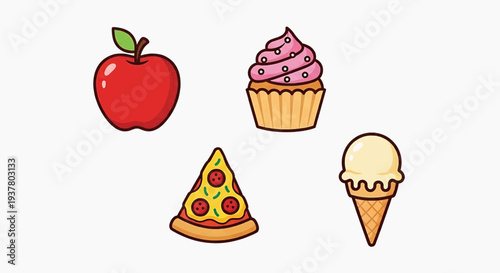 A delightful assortment of popular food icons, featuring a vibrant apple, a tempting cupcake, a savory pizza slice, and a refreshing ice cream cone on a clean background
