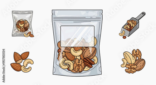 Illustrative assortment of healthy nuts in transparent resealable bags, a scoop, and loose piles, showcasing natural snack food packaging and wholesome ingredients