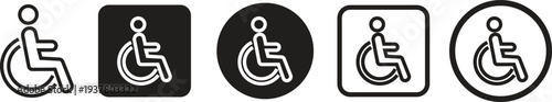 Wheelchair accessible black outline icons set. Disabled person vectors in simple and recognizable designs for accessibility isolated on transparent background. Handicapped access signs or symbols.