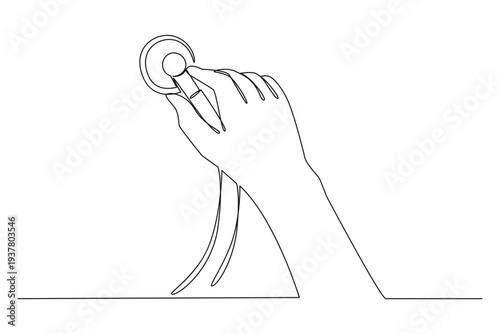 Minimalist line art illustration of a hand holding a stethoscope. Continuous one line drawing of a doctor's hand with a stethoscope.