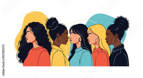 Group of diverse women of different ethnicities and races standing together in profile, symbolizing unity, sisterhood, and empowerment.