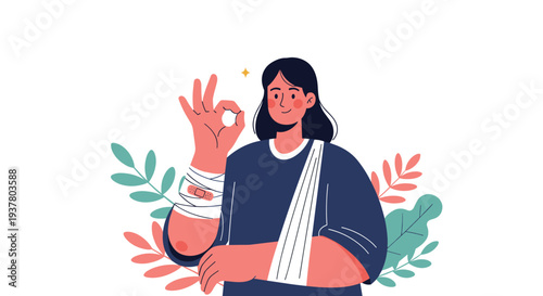 Woman with a bandaged arm and a sling smiling and showing the 'OK' hand gesture, symbolizing recovery and health insurance.