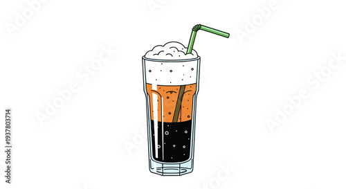 Tall glass of a classic root beer float with a thick layer of vanilla ice cream foam and a green straw for sipping.