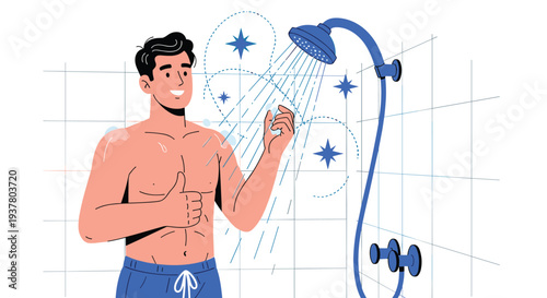 Happy young man enjoying a refreshing shower, giving a thumbs-up gesture while washing in a modern tiled bathroom.