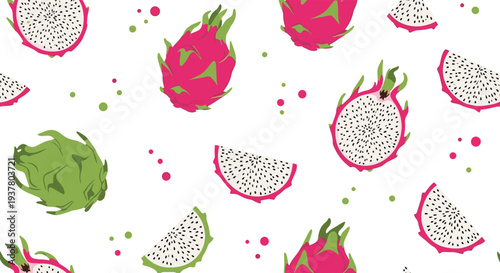 Bright and exotic seamless pattern of whole and sliced tropical dragon fruit, or pitaya, on a white background with dots.