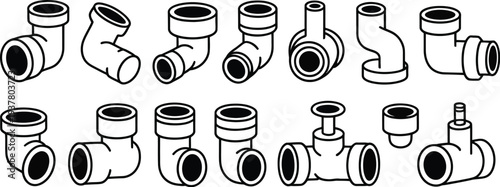 A set of pipe fittings icon illustration in black and white