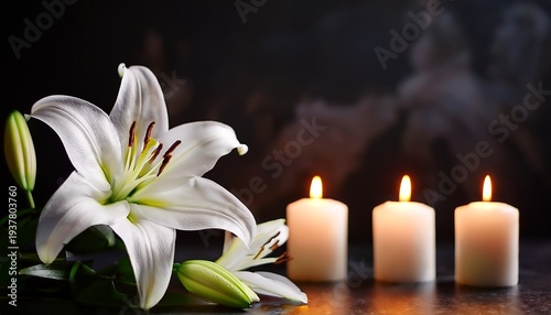 beautiful white lily flowers and burning candles on dark background funeral flowers grief death flower loss ceremony floral sadness cemetery mourning dead