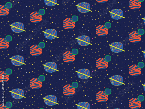 Seamless space pattern and icons. High-quality cosmic illustrations in flat and linear styles. Ideal for textile prints, website backgrounds, and kids' activities.