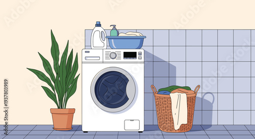 Modern laundry room interior with a front-loading washing machine, detergents, and a wicker basket full of dirty clothes.