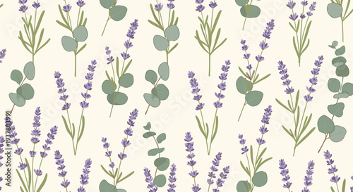 Elegant and calming seamless floral pattern with beautiful hand-drawn lavender flowers and silver dollar eucalyptus branches.