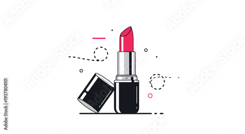 Stylish illustration of an open tube of red lipstick with the cap off to the side, on a background with abstract dots and lines.