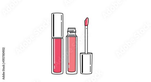 Simple line art illustration of a pink lip gloss tube, shown both closed and open with the applicator wand ready for use.
