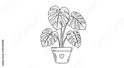 Black and white line art coloring page of a lovely monstera deliciosa houseplant in a cute pot decorated with a small heart.