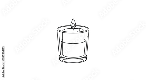 Simple black and white line art icon of a small lit candle with a flickering flame, sitting inside a clear glass votive holder.