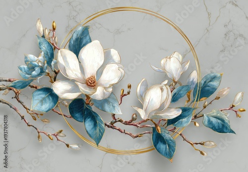 A delicate floral arrangement of white blossoms, teal leaves, and golden accents within a circular frame against a marble backdrop