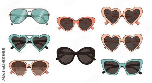 Colorful collection of various retro and modern sunglasses, including aviator and heart-shaped styles, for summer fashion.