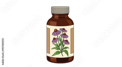 Brown glass bottle of echinacea herbal tincture, a natural remedy for boosting the immune system, isolated on white background.