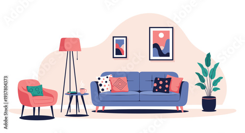 Cozy and modern living room interior with a blue sofa, pink armchair, floor lamp, and wall art, creating a comfortable space.