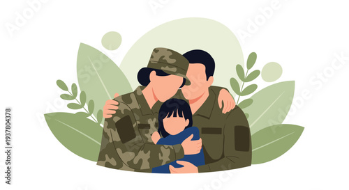 Military family reunion with a female and male soldier in camouflage uniforms lovingly hugging their young child.