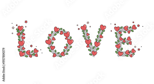 The word 'LOVE' beautifully decorated with green vines, red hearts, and little stars in a cute, romantic line art style.