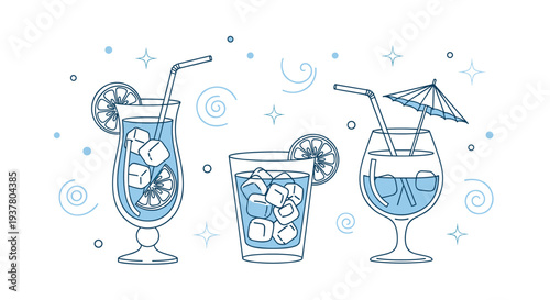Set of three refreshing summer cocktails or mocktails with ice cubes, citrus slices, and straws in a blue line art style.