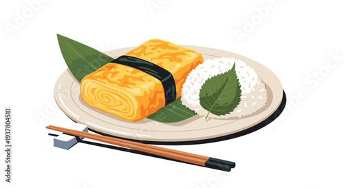Delicious plate of Japanese tamagoyaki nigiri sushi, a sweet rolled omelet on rice, served with chopsticks and a leaf.
