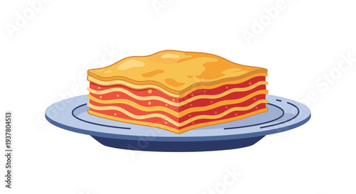 A delicious, multi-layered slice of classic Italian lasagna with meat sauce and cheese, served on a blue plate for dinner.