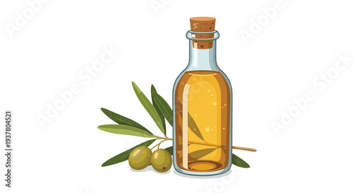 Glass bottle of extra virgin olive oil with a cork stopper, next to a fresh green olive branch, for healthy cooking.