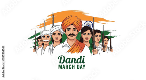 Mahatma Gandhi leads the Dandi March, a historical protest against British salt tax, with supporters, on Dandi March Day, marking a pivotal moment in the Indian independence movement.