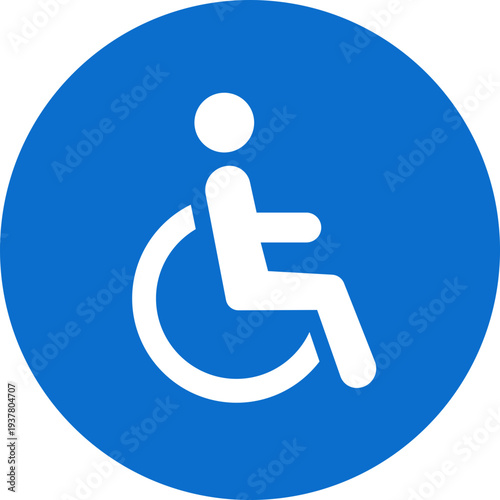 Wheelchair accessible blue flat icon. Disabled person vector illustration in simple and recognizable design for accessibility isolated on transparent background. Handicapped access sign or symbol.