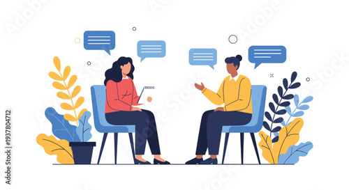 Two women engaged in a serious conversation, with one listening and taking notes, depicting therapy, counseling, or a job interview.