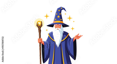 Powerful old wizard with a long white beard, wearing a blue robe and a star-patterned hat, and holding a magic staff.