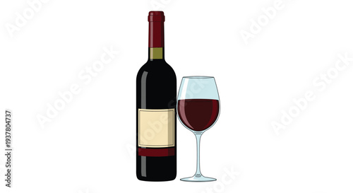 Simple and classic illustration of a full bottle of red wine with a blank label standing next to a glass of red wine.